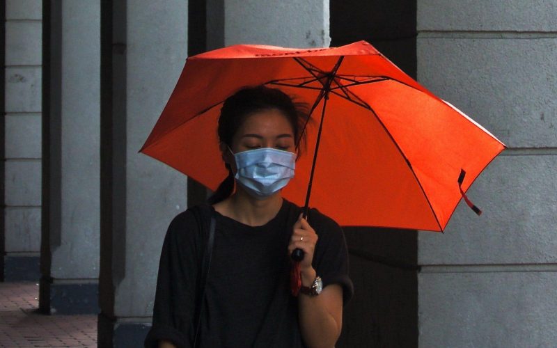 Asian Woman with umbrella and facemask